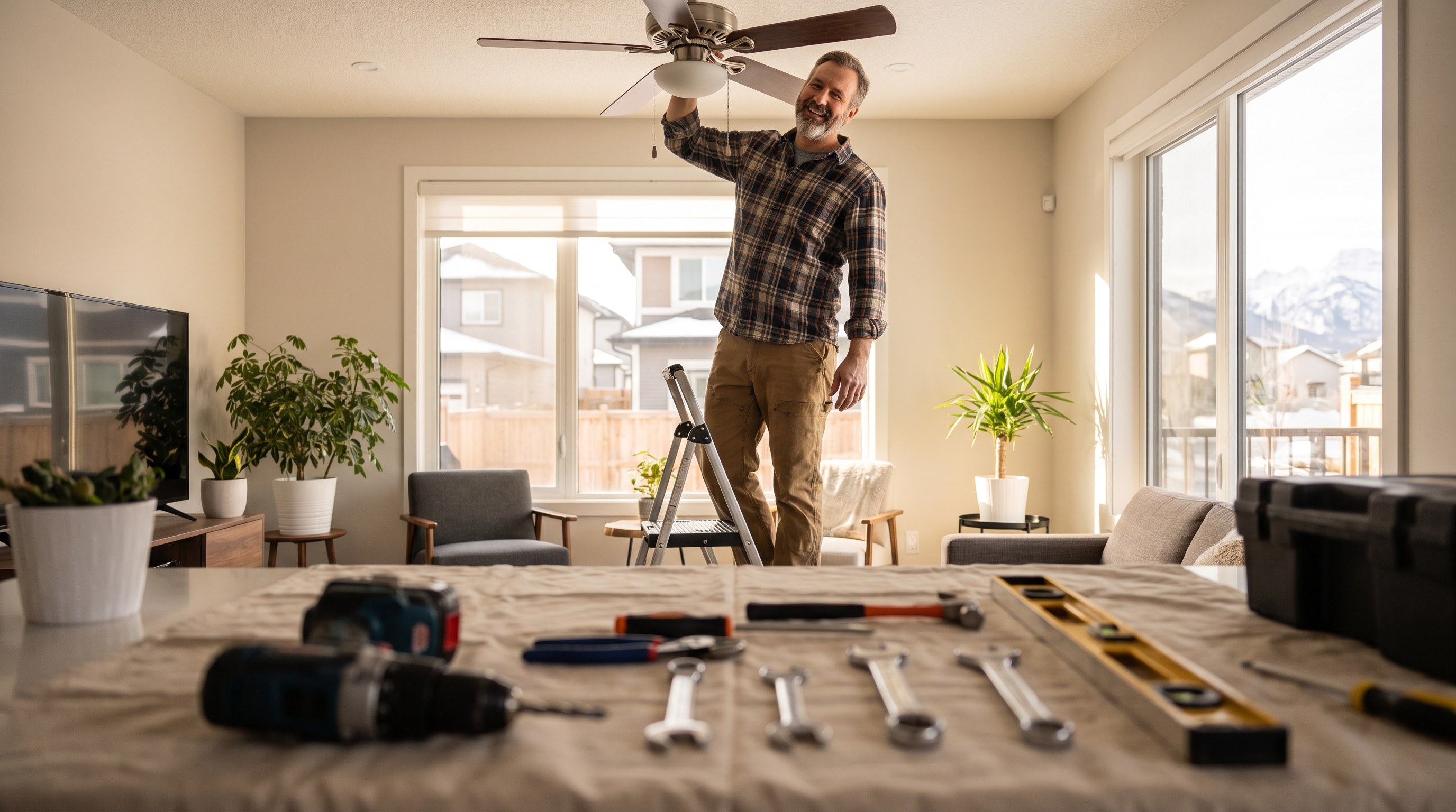 A newly mounted TV on a living room wall in Calgary with cables hidden, floating shelf installed below, level and secure, handyman finishing work